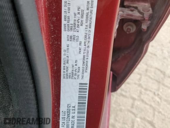 ✅ 2022 Ram 1500 Big Horn • VIN: 1C6RRFFG2NN353121 • Lot: 91443325. Listed on Copart with 74,126 mi. Free auction sales archive from the USA and detailed vehicle history report at DreamBid. Image 13.