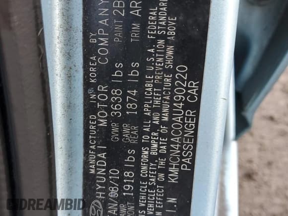 ✅ 2010 Hyundai Accent GLS • VIN: KMHCN4AC0AU490220 • Lot: 89449545. Listed on Copart with 127,549 mi. Free auction sales archive from the USA and detailed vehicle history report at DreamBid. Image 12.