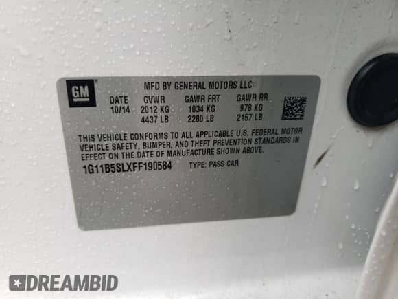 2015 Chevrolet Malibu LS z VIN 1G11B5SLXFF190584, wystawiony jako Copart lot #90889635 z przebiegiem 54 318 mil mil oraz Szkoda całkowita • Salvage title. Historia ofert i sprzedaży dostępna na DreamBid. Obrazek 12.