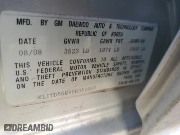 ✅ 2009 Chevrolet Aveo 1LT • VIN: KL1TD56E49B354887 • Lot: 44033545. Wystawiony na Copart z przebiegiem 127 744 mil. Bezpłatny archiwum sprzedaży aukcyjnych z USA i szczegółowy raport historii pojazdu na DreamBid. Zdjęcie 12.