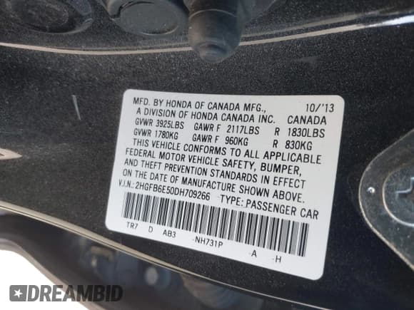 ✅ 2013 Honda Civic Si • VIN: 2HGFB6E50DH709266 • Lot: 43582104. Listed on IAAI with 131,834 mi. Free auction sales archive from the USA and detailed vehicle history report at DreamBid. Image 9.