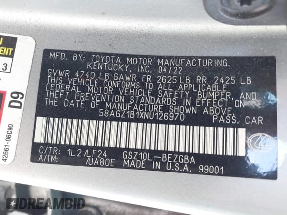 ✅ 2022 Lexus ES 350 F Sport • VIN: 58AGZ1B1XNU126970 • Lot: 42118280. Listed on IAAI with 94,377 mi. Free auction sales archive from the USA and detailed vehicle history report at DreamBid. Image 9.