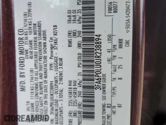 ✅ 2018 Ford Fusion SE • VIN: 3FA6P0LU0JR238894 • Lot: 86545245. Wystawiony na Copart z przebiegiem 92 548 mil. Bezpłatny archiwum sprzedaży aukcyjnych z USA i szczegółowy raport historii pojazdu na DreamBid. Zdjęcie 12.