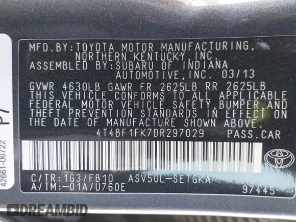 2013 Toyota Camry L with VIN 4T4BF1FK7DR297029, listed as a IAAI auction lot 43121416 with 200,854 mi miles and . Bid and sale history available at DreamBid. Image 9.