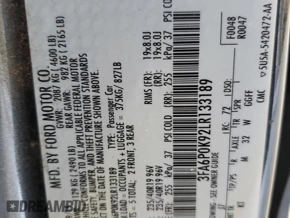 ✅ 2020 Ford Fusion Titanium • VIN: 3FA6P0K92LR133189 • Lot: 87945285. Wystawiony na Copart z przebiegiem 123 954 mil. Bezpłatny archiwum sprzedaży aukcyjnych z USA i szczegółowy raport historii pojazdu na DreamBid. Zdjęcie 13.