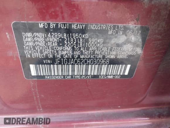 ✅ 2012 Subaru Impreza Premium • VIN: JF1GJAC62CH030968 • Lot: 43844095. Listed on IAAI with 20,600 mi. Free auction sales archive from the USA and detailed vehicle history report at DreamBid. Image 9.