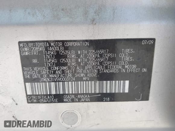 ✅ 2009 Toyota RAV4 Limited • VIN: JTMZK31V59D003124 • Lot: 42242821. Listed on IAAI with 165,531 mi. Free auction sales archive from the USA and detailed vehicle history report at DreamBid. Image 9.