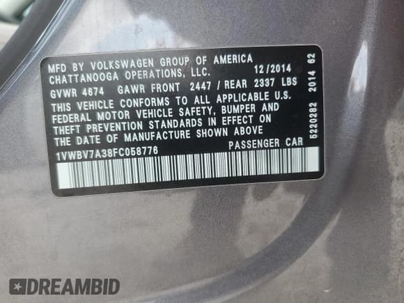 ✅ 2015 Volkswagen Passat SE • VIN: 1VWBV7A38FC058776 • Lot: 89557215. Listed on Copart with 90,294 mi. Free auction sales archive from the USA and detailed vehicle history report at DreamBid. Image 12.