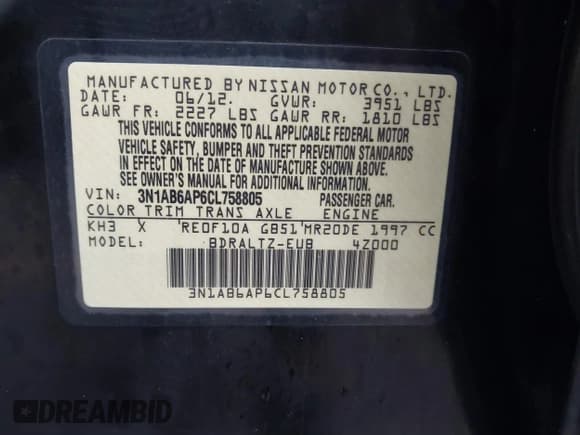 ✅ 2012 Nissan Sentra SR • VIN: 3N1AB6AP6CL758805 • Lot: 43736295. Listed on IAAI with 215,762 mi. Free auction sales archive from the USA and detailed vehicle history report at DreamBid. Image 9.