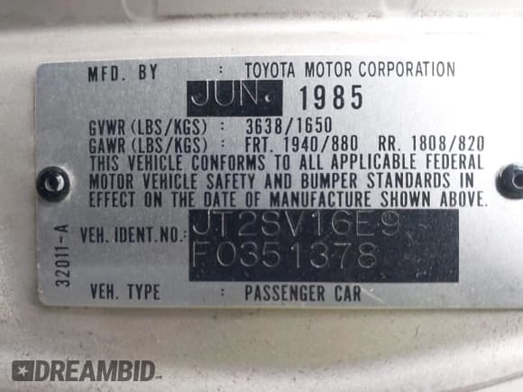 ✅ 1985 Toyota Camry LE • VIN: JT2SV16E9F0351378 • Lot: 42194705. Wystawiony na IAAI z przebiegiem 192 476 mil. Bezpłatny archiwum sprzedaży aukcyjnych z USA i szczegółowy raport historii pojazdu na DreamBid. Zdjęcie 9.