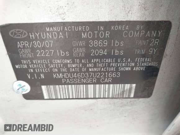 2007 Hyundai Elantra GLS z VIN KMHDU46D37U221663, wystawiony jako IAAI lot #43554726 z przebiegiem 125 874 mil mil oraz . Historia ofert i sprzedaży dostępna na DreamBid. Obrazek 9.