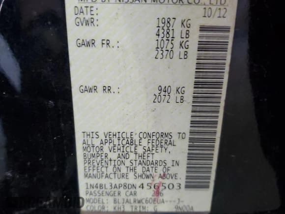 ✅ 2013 Nissan Altima SV • VIN: 1N4BL3AP8DN456503 • Lot: 86987875. Listed on Copart with 146,553 mi. Free auction sales archive from the USA and detailed vehicle history report at DreamBid. Image 12.