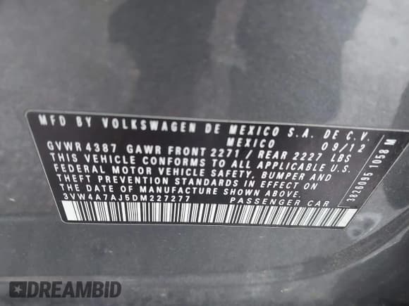 ✅ 2013 Volkswagen Jetta Autobahn • VIN: 3VW4A7AJ5DM227277 • Lot: 42513908. Listed on IAAI with 135,550 mi. Free auction sales archive from the USA and detailed vehicle history report at DreamBid. Image 9.