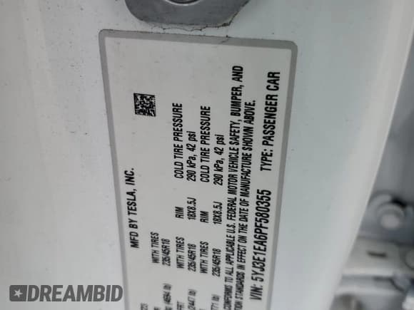 ✅ 2023 Tesla Model 3 • VIN: 5YJ3E1EA6PF580355 • Lot: 54239125. Listed on Copart with 31,305 mi. Free auction sales archive from the USA and detailed vehicle history report at DreamBid. Image 13.