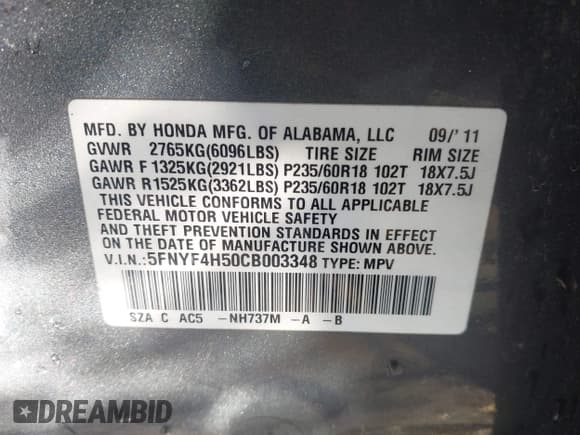 ✅ 2012 Honda Pilot EX-L • VIN: 5FNYF4H50CB003348 • Lot: 43719776. Listed on IAAI with 170,385 mi. Free auction sales archive from the USA and detailed vehicle history report at DreamBid. Image 9.