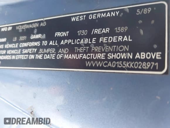 ✅ 1989 Volkswagen Cabriolet • VIN: WVWCA0155KK028971 • Lot: 42773317. Listed on IAAI with 200,236 mi. Free auction sales archive from the USA and detailed vehicle history report at DreamBid. Image 9.