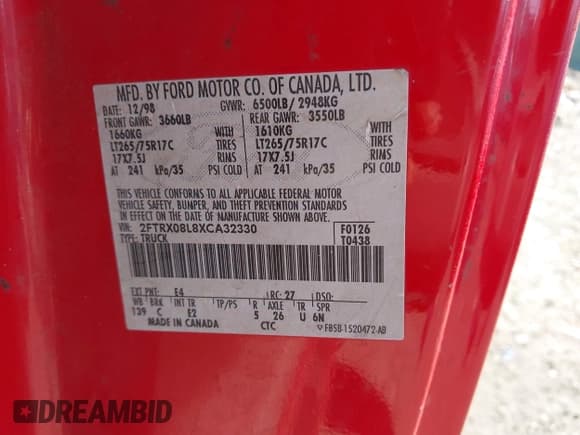 ✅ 1999 Ford F-150 XL • VIN: 2FTRX08L8XCA32330 • Lot: 43620322. Wystawiony na IAAI z przebiegiem Nie podano. Bezpłatny archiwum sprzedaży aukcyjnych z USA i szczegółowy raport historii pojazdu na DreamBid. Zdjęcie 9.