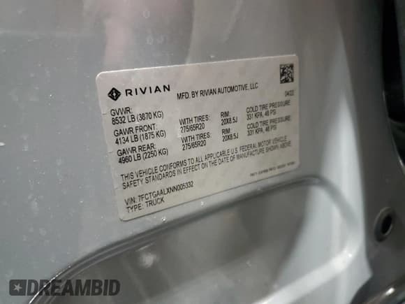 ✅ 2022 Rivian R1T Launch Edition • VIN: 7FCTGAALXNN005332 • Lot: 48002285. Wystawiony na Copart z przebiegiem 24 488 mil. Bezpłatny archiwum sprzedaży aukcyjnych z USA i szczegółowy raport historii pojazdu na DreamBid. Zdjęcie 13.