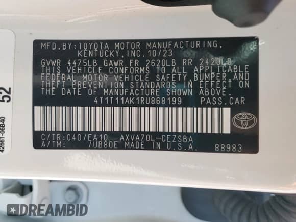 2024 Toyota Camry SE with VIN 4T1T11AK1RU868199, listed as a Copart auction lot 69488715 with 27,560 mi miles and Salvage title. Bid and sale history available at DreamBid. Image 12.