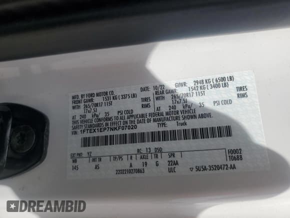 ✅ 2022 Ford F-150 XL • VIN: 1FTEX1EP7NKF07020 • Lot: 63406765. Listed on Copart with 34,633 mi. Free auction sales archive from the USA and detailed vehicle history report at DreamBid. Image 12.