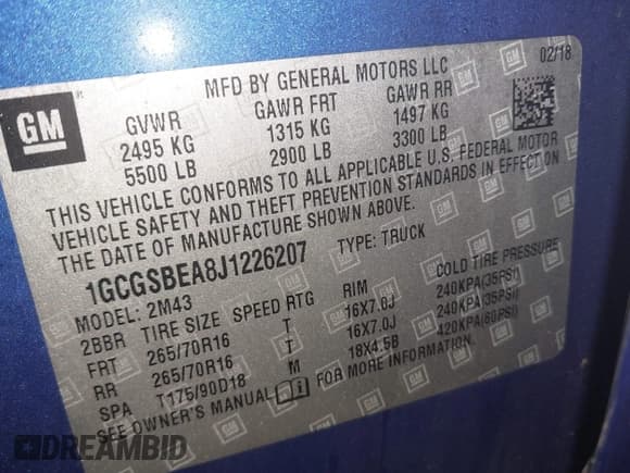 ✅ 2018 Chevrolet Colorado 2WD Work Truck • VIN: 1GCGSBEA8J1226207 • Lot: 41140073. Listed on IAAI with 108,578 mi. Free auction sales archive from the USA and detailed vehicle history report at DreamBid. Image 9.