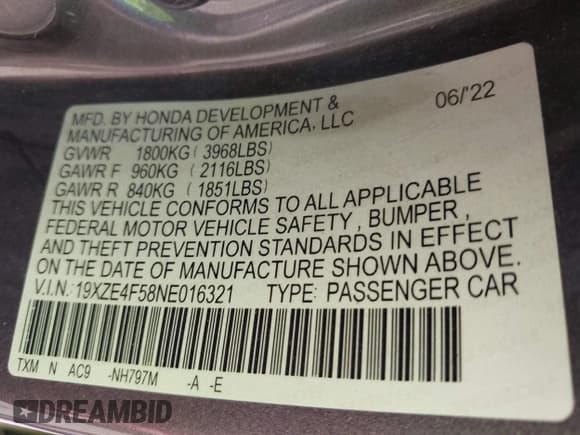 ✅ 2022 Honda Insight EX • VIN: 19XZE4F58NE016321 • Лот: 43493967. Опубликован ранее на IAAI с пробегом 196 115 миль. Бесплатный доступ к архиву аукционных продаж из США и подробный отчёт об истории автомобиля на DreamBid. Изображение 9.