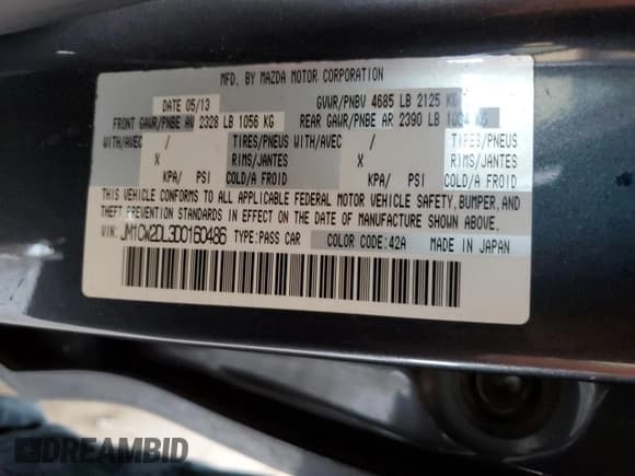 ✅ 2013 Mazda 5 Grand Touring • VIN: JM1CW2DL3D0160486 • Lot: 60915825. Listed on Copart with 189,280 mi. Free auction sales archive from the USA and detailed vehicle history report at DreamBid. Image 13.