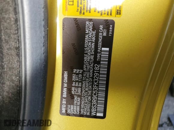 ✅ 2015 BMW M4 • VIN: WBS3R9C53FK329182 • Lot: 37257553. Listed on Copart with Not provided. Free auction sales archive from the USA and detailed vehicle history report at DreamBid. Image 12.