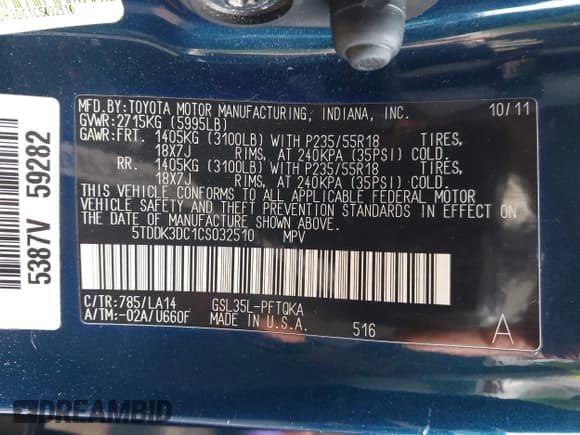 ✅ 2012 Toyota Sienna XLE • VIN: 5TDDK3DC1CS032510 • Лот: 43213382. Опубликован ранее на IAAI с пробегом 200 489 миль. Бесплатный доступ к архиву аукционных продаж из США и подробный отчёт об истории автомобиля на DreamBid. Изображение 9.