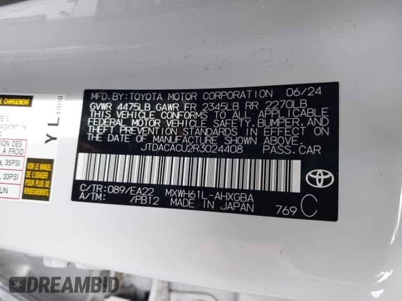 2024 Toyota Prius SE with VIN JTDACACU2R3024408, listed as a IAAI auction lot 43114921 with 18,724 mi miles and . Bid and sale history available at DreamBid. Image 9.