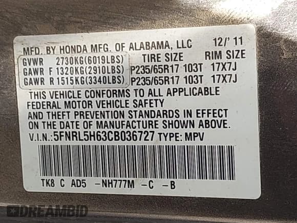 ✅ 2012 Honda Odyssey EX-L • VIN: 5FNRL5H63CB036727 • Lot: 42605463. Listed on IAAI with 179,407 mi. Free auction sales archive from the USA and detailed vehicle history report at DreamBid. Image 9.