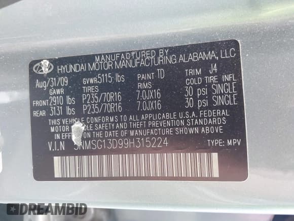 ✅ 2009 Hyundai Santa Fe GLS • VIN: 5NMSG13D99H315224 • Lot: 43442909. Listed on IAAI with 83,026 mi. Free auction sales archive from the USA and detailed vehicle history report at DreamBid. Image 9.