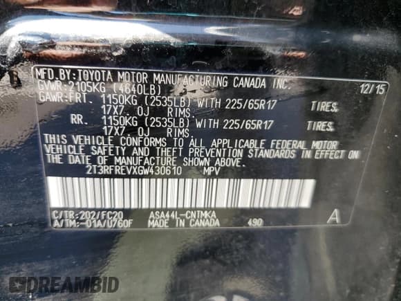 ✅ 2016 Toyota RAV4 XLE • VIN: 2T3RFREVXGW430610 • Lot: 54713555. Listed on Copart with 115,938 mi. Free auction sales archive from the USA and detailed vehicle history report at DreamBid. Image 13.