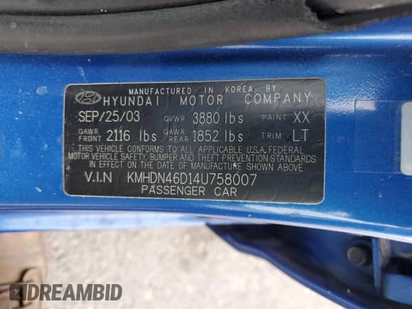 2004 Hyundai Elantra GLS with VIN KMHDN46D14U758007, listed as a Copart auction lot 66937035 with 171,382 mi miles and Salvage title. Bid and sale history available at DreamBid. Image 13.