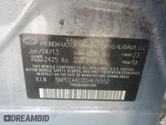 ✅ 2013 Hyundai Sonata Limited • VIN: 5NPEC4AC0DH676552 • Lot: 73004114. Listed on Copart with 102,424 mi. Free auction sales archive from the USA and detailed vehicle history report at DreamBid. Image 14.