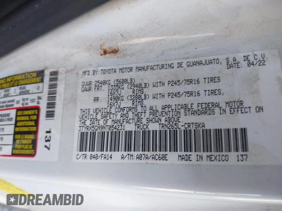 ✅ 2022 Toyota Tacoma SR • VIN: 3TYRX5GN9NT054231 • Лот: 43448382. Опубликован ранее на IAAI с пробегом 113 702 миль. Бесплатный доступ к архиву аукционных продаж из США и подробный отчёт об истории автомобиля на DreamBid. Изображение 9.