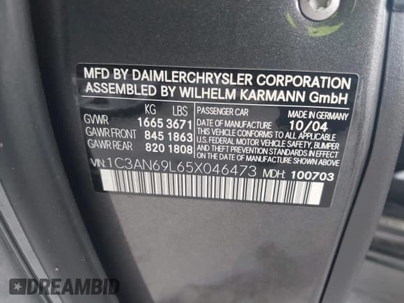 ✅ 2005 Chrysler Crossfire Limited • VIN: 1C3AN69L65X046473 • Lot: 42384441. Listed on IAAI with 119,661 mi. Free auction sales archive from the USA and detailed vehicle history report at DreamBid. Image 9.