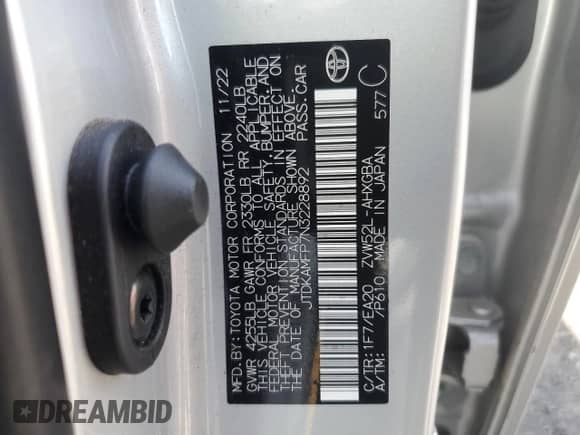 2022 Toyota Prius LE с VIN JTDKAMFP7N3228892, выставлен на аукционе Copart как лот 69565485 с пробегом 23 576 миль миль и Списание • Salvage title. История ставок и продаж доступна на DreamBid. Изображение 12.