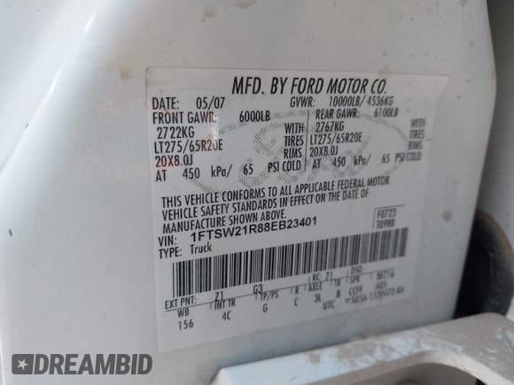 ✅ 2008 Ford F-250 XL • VIN: 1FTSW21R88EB23401 • Lot: 43508441. Listed on IAAI with 161,701 mi. Free auction sales archive from the USA and detailed vehicle history report at DreamBid. Image 9.