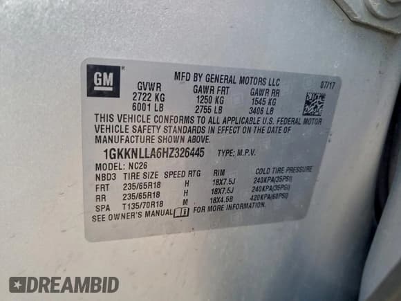 ✅ 2017 GMC Acadia SLE • VIN: 1GKKNLLA6HZ326445 • Lot: 96348665. Listed on Copart with 174,086 mi. Free auction sales archive from the USA and detailed vehicle history report at DreamBid. Image 13.