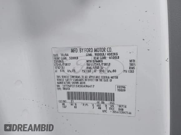 ✅ 2005 Ford F-250 XL • VIN: 1FTNF215X5EA96417 • Lot: 42220199. Listed on IAAI with 85,778 mi. Free auction sales archive from the USA and detailed vehicle history report at DreamBid. Image 9.