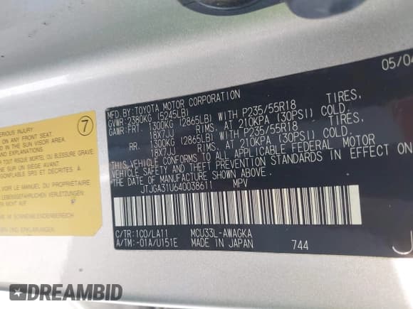 ✅ 2004 Lexus RX 330 • VIN: JTJGA31U640038611 • Lot: 42795690. Listed on IAAI with 182,687 mi. Free auction sales archive from the USA and detailed vehicle history report at DreamBid. Image 9.