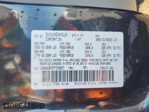 ✅ 2007 Dodge Durango SLT • VIN: 1D8HB48P67F539057 • Lot: 91709695. Listed on Copart with 242,818 mi. Free auction sales archive from the USA and detailed vehicle history report at DreamBid. Image 13.