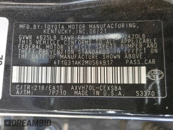 2021 Toyota Camry Hybrid SE с VIN 4T1G31AK2MU564917, выставлен на аукционе Copart как лот 71824255 с пробегом 181 375 миль миль и Списание • Salvage title. История ставок и продаж доступна на DreamBid. Изображение 12.