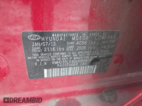 ✅ 2013 Hyundai Elantra • VIN: KMHD35LE4DU080409 • Lot: 43561044. Listed on IAAI with 39,142 mi. Free auction sales archive from the USA and detailed vehicle history report at DreamBid. Image 9.