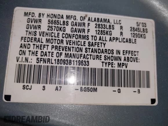 ✅ 2003 Honda Odyssey EX-L • VIN: 5FNRL18093B119633 • Lot: 43811736. Listed on IAAI with 231,605 mi. Free auction sales archive from the USA and detailed vehicle history report at DreamBid. Image 9.