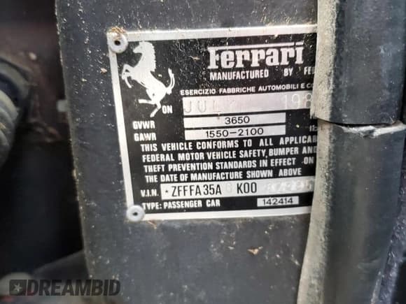 ✅ 1989 Ferrari 348 • VIN: ZFFFA35A8K0082395 • Lot: 70818884. Listed on Copart with 38,978 mi. Free auction sales archive from the USA and detailed vehicle history report at DreamBid. Image 12.