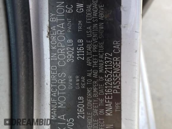 ✅ 2006 Kia Spectra • VIN: KNAFE161265211372 • Лот: 65632025. Опубликован ранее на Copart с пробегом 81 338 миль. Бесплатный доступ к архиву аукционных продаж из США и подробный отчёт об истории автомобиля на DreamBid. Изображение 12.