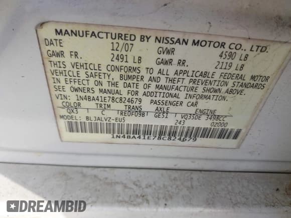 ✅ 2008 Nissan Maxima SE • VIN: 1N4BA41E78C824679 • Lot: 42616572. Listed on IAAI with Not provided. Free auction sales archive from the USA and detailed vehicle history report at DreamBid. Image 9.