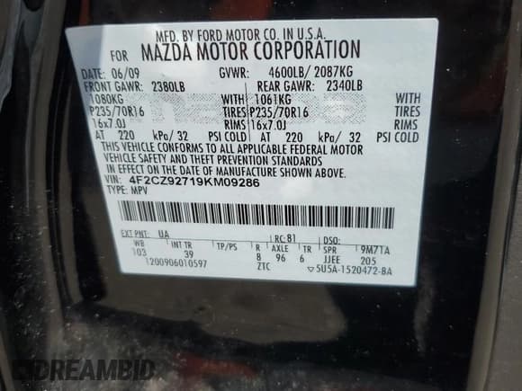 ✅ 2009 Mazda Tribute Touring • VIN: 4F2CZ92719KM09286 • Lot: 68416185. Listed on Copart with 157,479 mi. Free auction sales archive from the USA and detailed vehicle history report at DreamBid. Image 13.